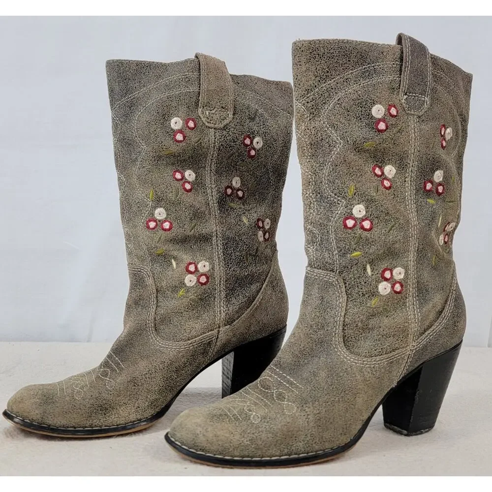 Seychelles Anthropologie Embroidered Western Boots Gray Nubuck Size 6.5
